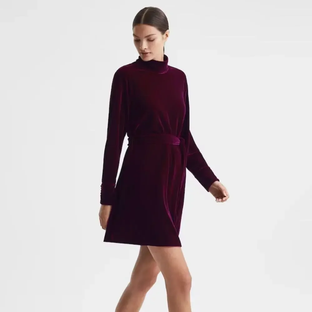 NWT Reiss Essie‎ Velvet Belted Mini Dress in Berry